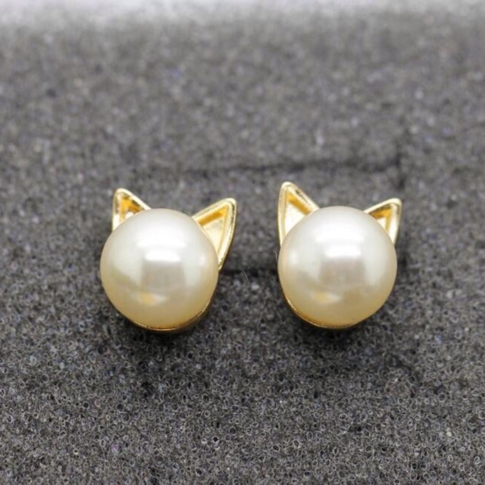 Gold pearl cat stud earrings pierced studs feline